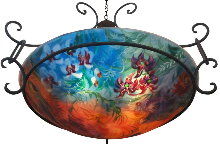 Jungle Enchantment detail Hand painted glass chandelier by Jenny Floravita