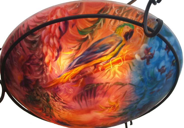 Jungle Enchantment detail Hand painted glass chandelier by Jenny Floravita