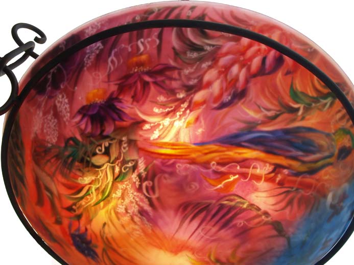 Jungle Enchantment detail Hand painted glass chandelier by Jenny Floravita
