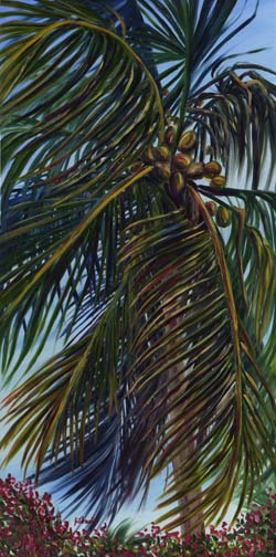 Coconut Palm and Pink Flowers oil by Jenny Floravita