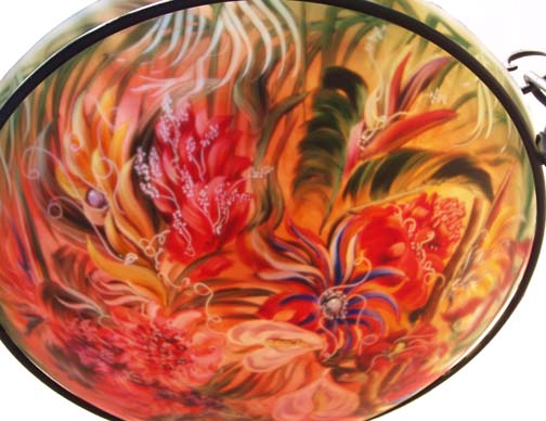 Birds of Paradise Isle Hand painted glass chandelier by Jenny Floravita