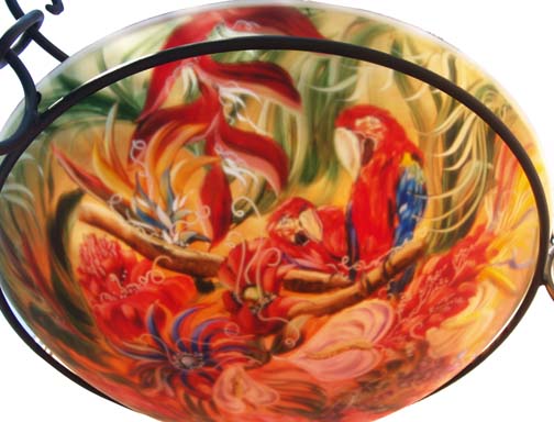 Birds of Paradise Isle Hand painted glass chandelier by Jenny Floravita