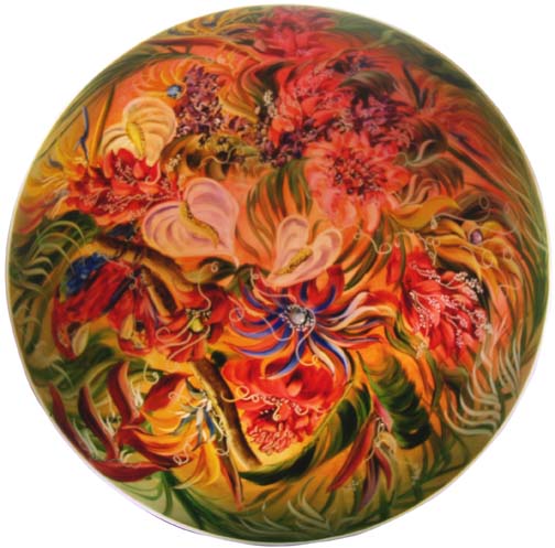 Birds of Paradise Isle detail Hand painted glass chandelier by Jenny Floravita