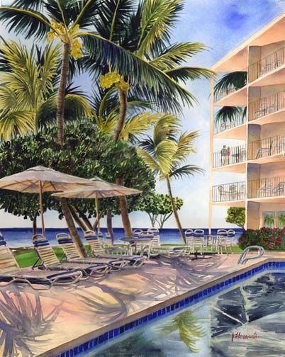 Resort Reflections Hawaiian, Kona watercolor by Jenny Floravita