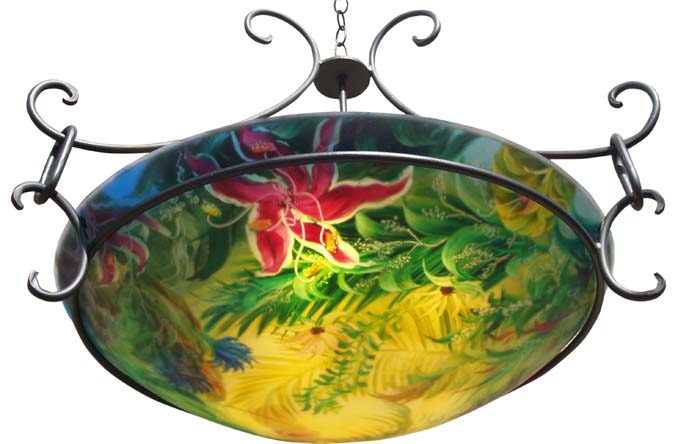 Summer Lily Night Reverse painted glass chandelier by Jenny Floravita