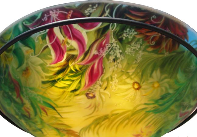 Summer Lily Night detail Reverse painted glass chandelier by Jenny Floravita