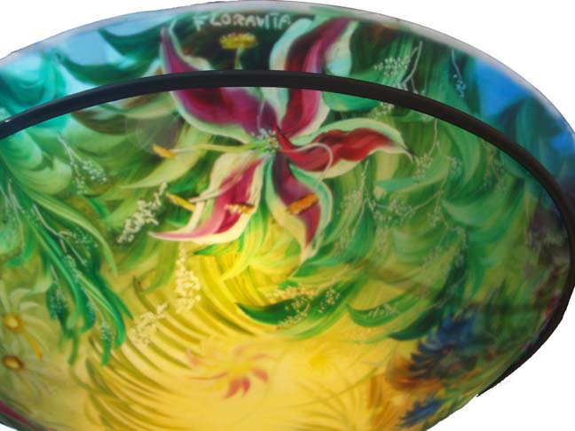 Summer Lily Night detail Reverse painted glass chandelier by Jenny Floravita