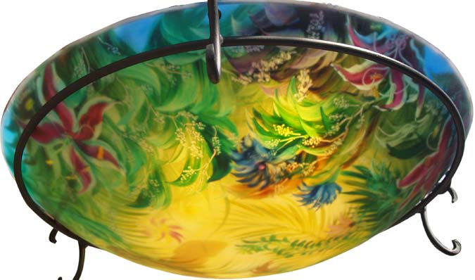 Summer Lily Night detail Reverse painted glass chandelier by Jenny Floravita