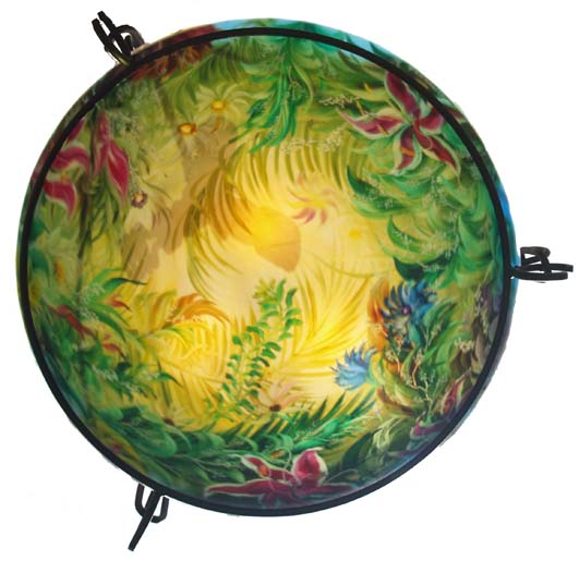 Summer Lily Night detail Reverse painted glass chandelier by Jenny Floravita