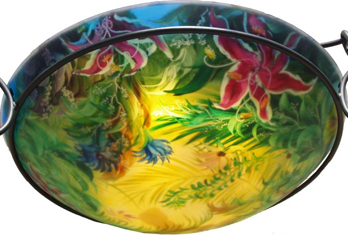 Summer Lily Night detail Reverse painted glass chandelier by Jenny Floravita