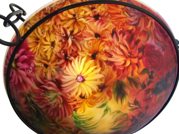Chrysanthemum Celebration Hand painted glass chandelier by Jenny Floravita