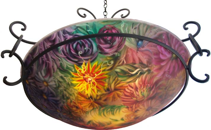 Chrysanthemum Celebration Hand painted glass chandelier by Jenny Floravita