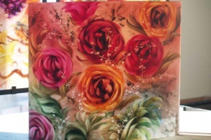 Roses, reverse painted wall sconce