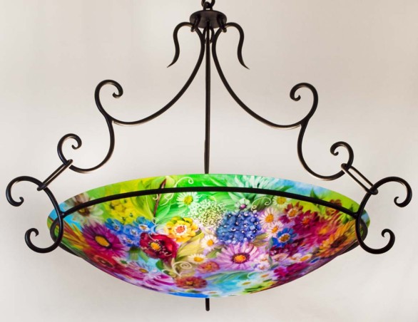 green reverse painted chandelier