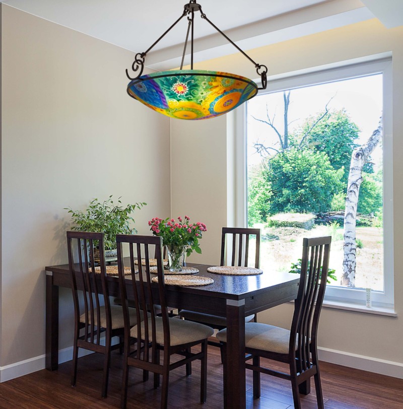 Bring Color and Joy to Your Dining Room with an Abstract Painted Glass Chandelier by artist Jenny Floravita