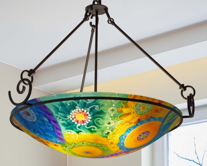 Bring Color and Joy to Your Dining Room with an Abstract Painted Glass Chandelier by artist Jenny Floravita