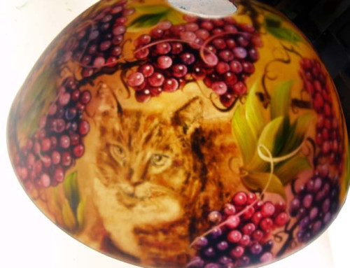 18″ Reverse hand painted lamp shade, cat commission
