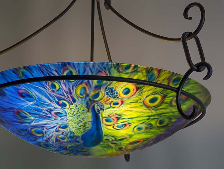 Peacock Blues Reverse Painted Chandelier By Jenny Floravita Floravita Reverse Hand Painted