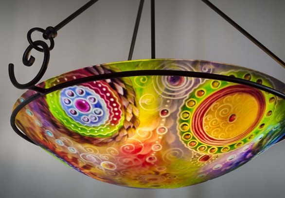 Medallions of the Earth is an exquisite abstract painted chandelier by artist Jenny Floravita.