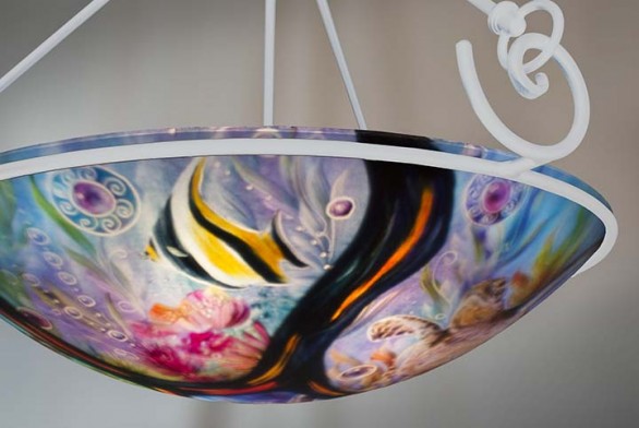 Tropical reef fish and Hawaiian sea turtles swim in this exquisite 24 inch hand painted glass chandelier by artist Jenny Floravita a true work of art.