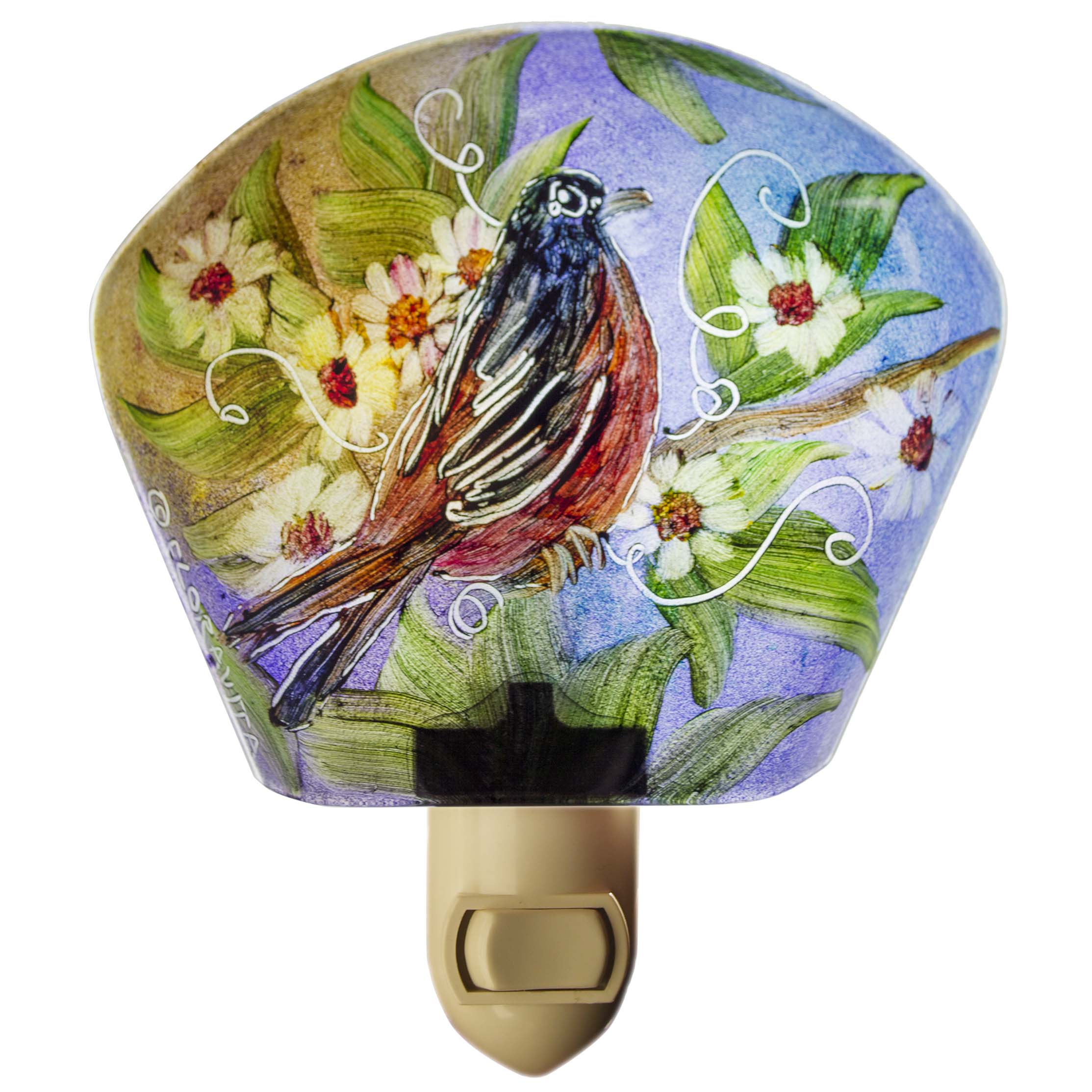 Hand painted glass bird night light by artist Jenny Floravita