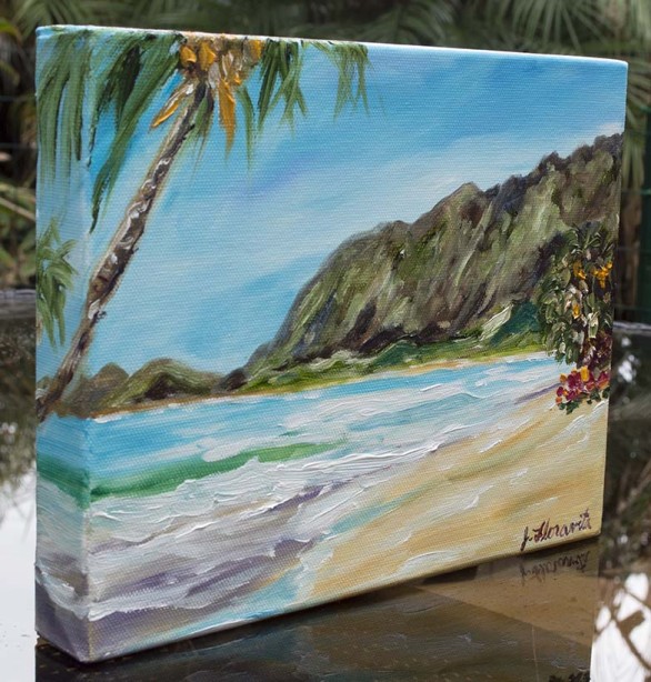 8x10 oil painting on gallery wrapped canvas, tropical Hawaiian oil beach painting by artist Jenny Floravita