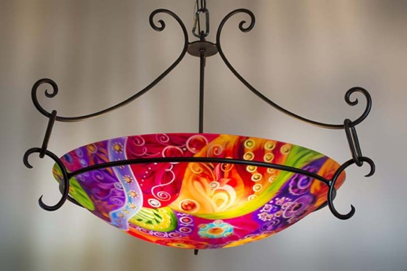 Sedona Trail is a hand painted chandelier by Jenny Floravita. Forged fixture shown here is Floravita's Standard and has a height of 25 inches. Installation ready.