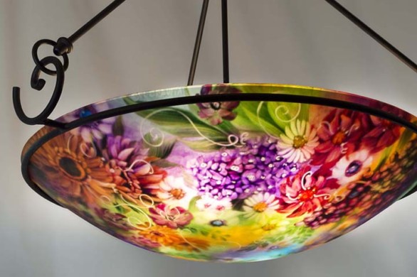 Vineyard Garden in Napa is a 24 inch commissioned reverse hand painted glass chandelier by artist Jenny Floravita.