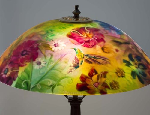 Garden Glory with Hummingbird reverse painted lamp shade