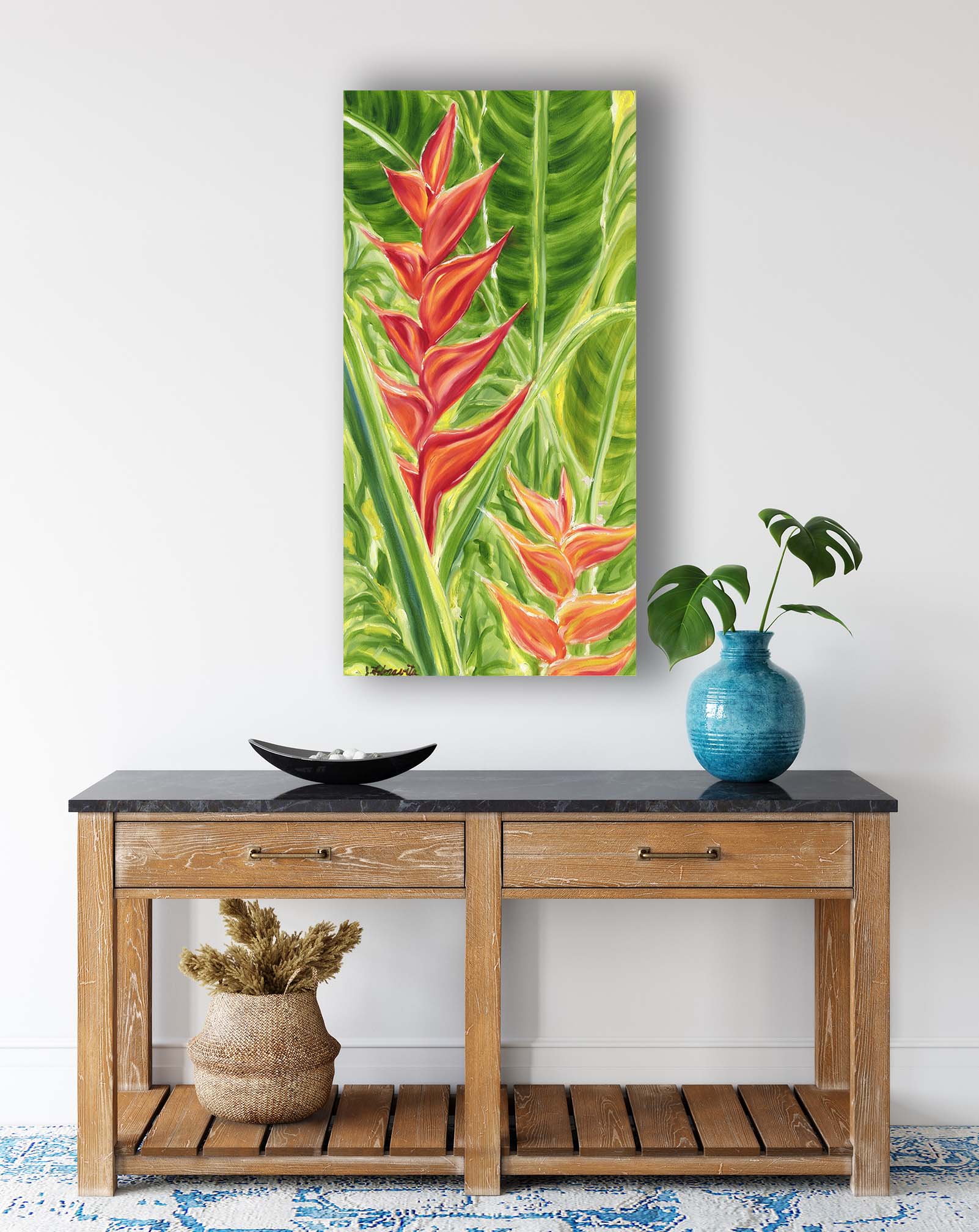 Tropical Hawaiian Flower in Coral wall painting 18x36 oil - Floravita ...