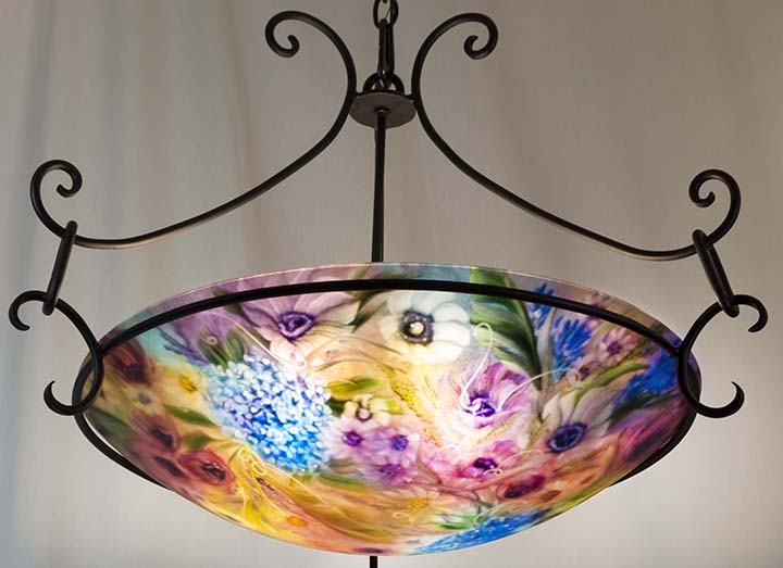 Details about   Signed Hand Painted Glass Pendant Light  Lamp Crystal Flowers Made in USA 2 avl 