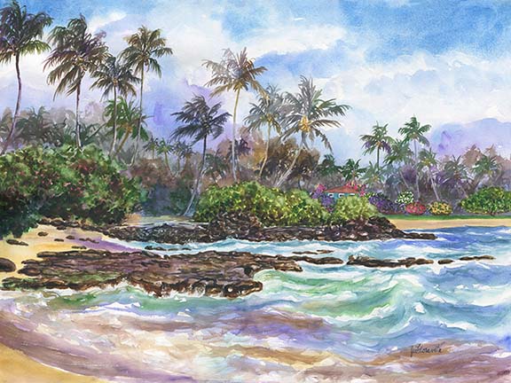 Warm Waves On Kauai Coconut Coast Watercolor Painting By Artist Jenny Floravita