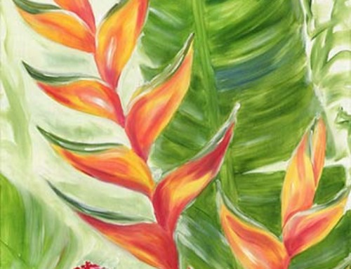 Tropical Hawaiian Torch Ginger and Orange Heliconia Flower painting