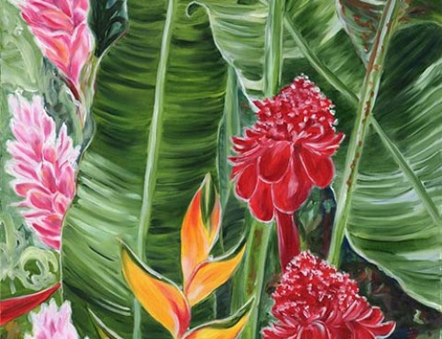 Dramatic Tropical Hawaiian Leaves and Maui Flowers oil painting