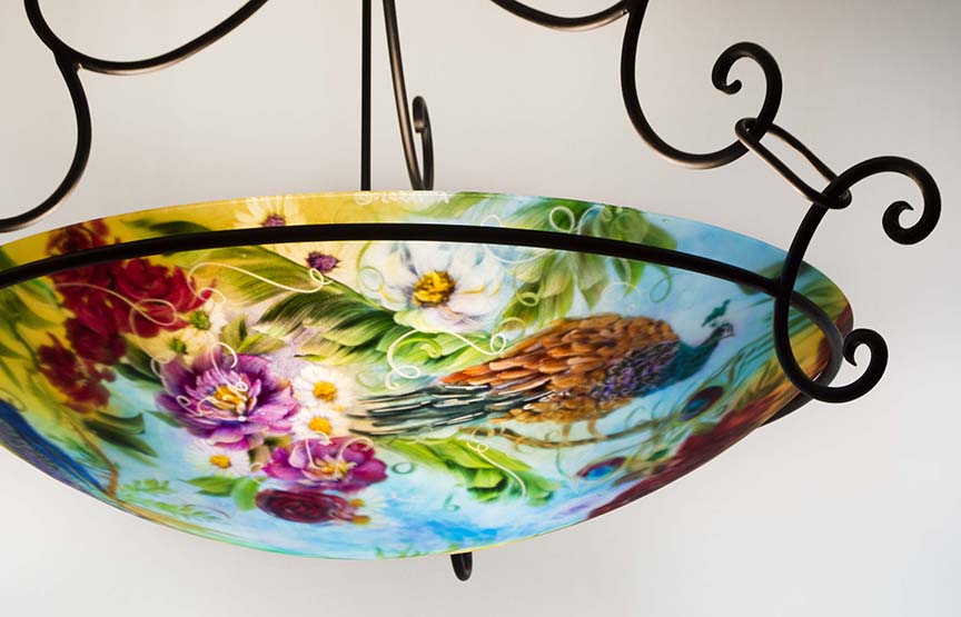 painted glass chandelier with bird