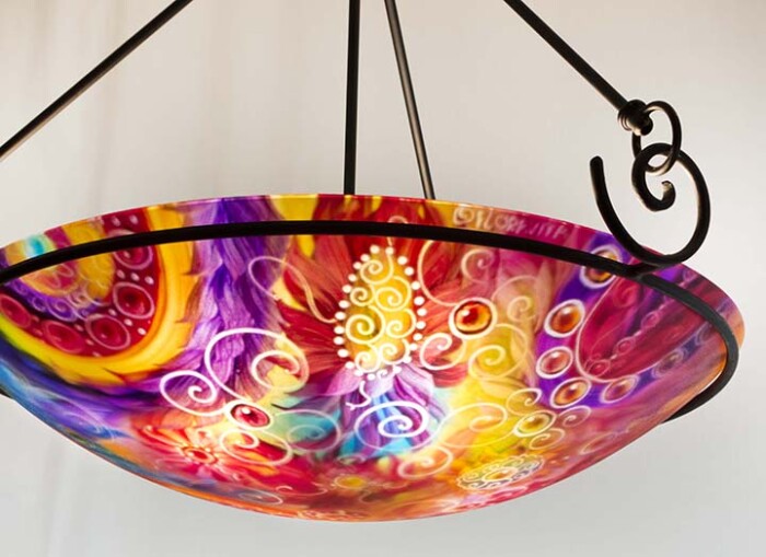 red and purple abstract painted chandelier