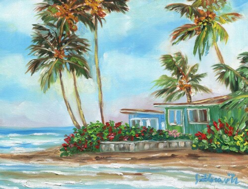 Green Hawaiian Beach House on the Sea, 16×12 oil painting