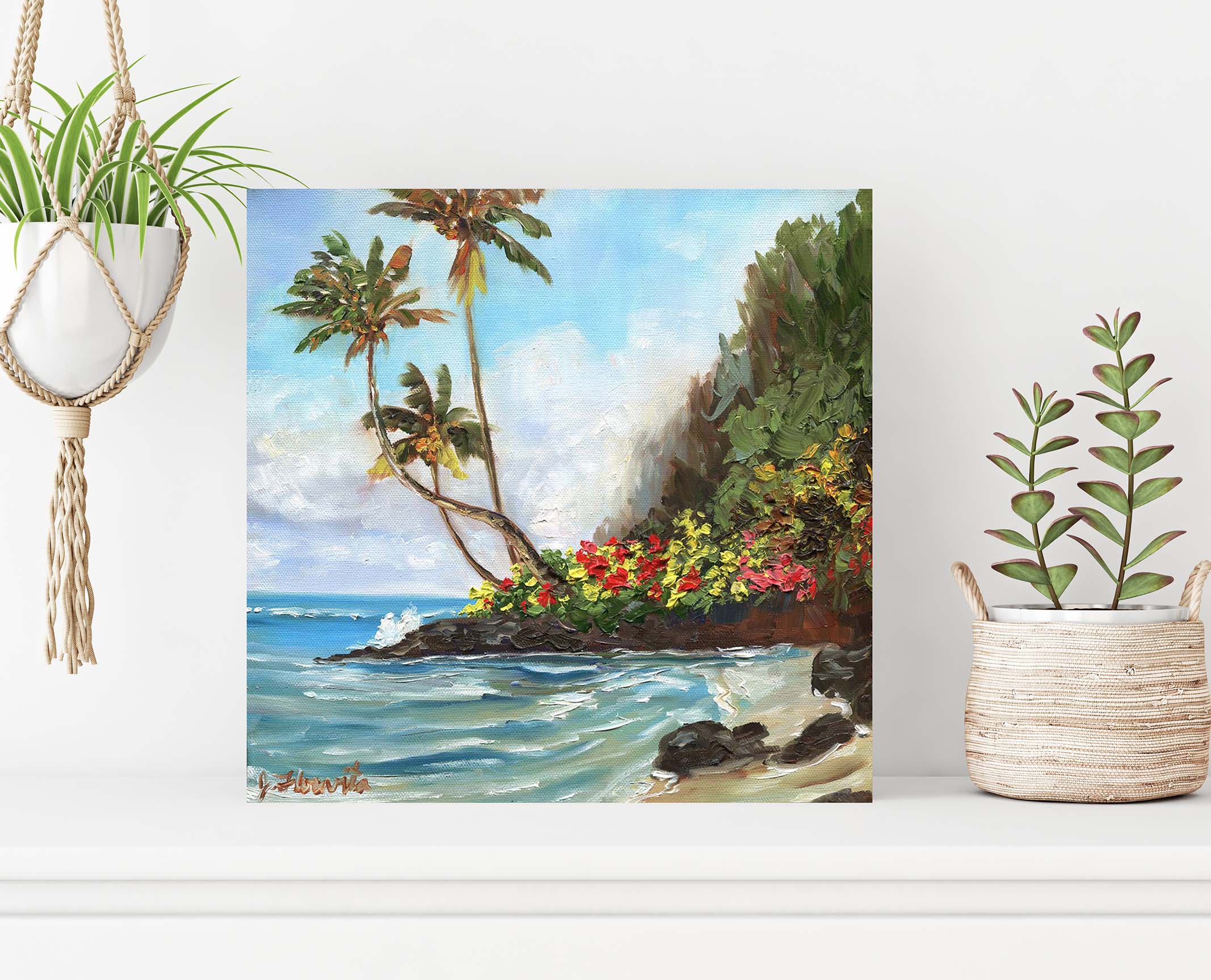 Original Acrylic Painting 8 x 10 Canvas Tropical Island Beach Cove Art  Decor