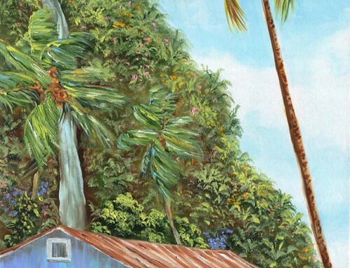 Big Island Hawaii Blue Cottage by the Sea, 18×36 painting