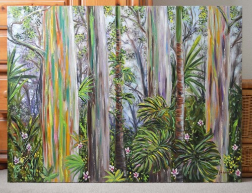 Rainbow Eucalyptus Jungle painting, 48×36 inch oil