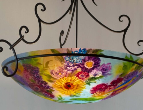 Enchanted Flower & Blue Parrot Reverse Painted Chandelier, 36 inch diameter