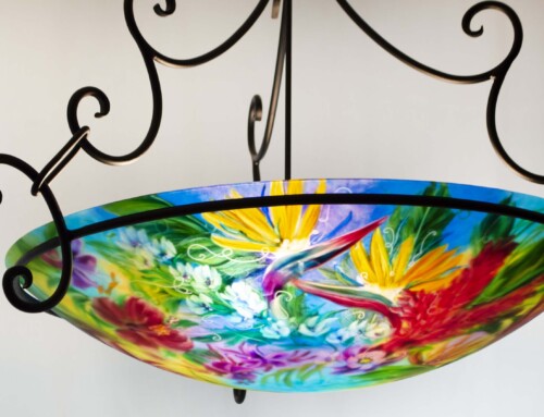 Evening in Paradise reverse painted chandelier, 33 inch diameter, Sold