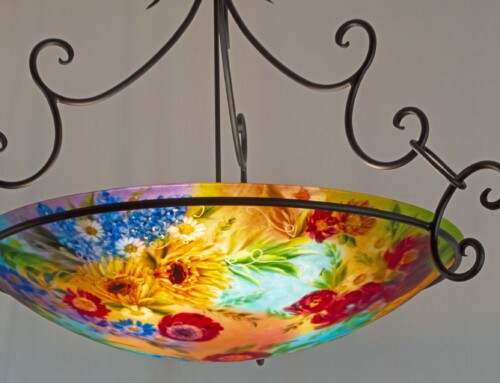 Flowers of the Southwest reverse painted chandelier, 33 inches diameter