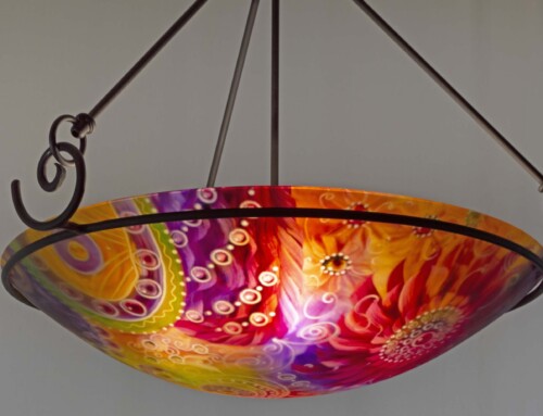 Indian Wells Sun reverse hand painted chandelier, Abstract Collection, 24 inch glass