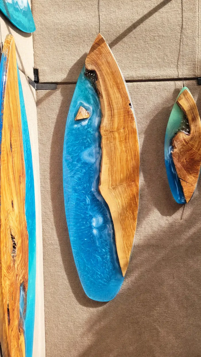 Blue Drift Live Edge Olive Wood Art Surfboard, 57 inches mixed