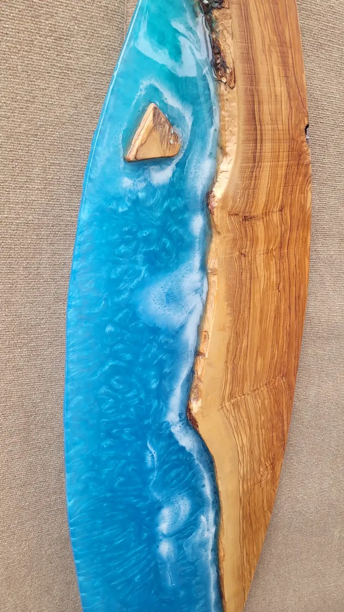Blue Drift Live Edge Olive Wood Art Surfboard, 57 inches mixed