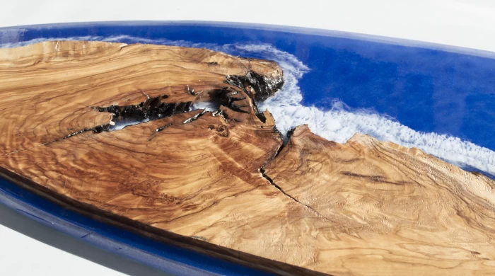 Cliffs of Eternity Live Edge Olive Wood Art Surfboard, 57 inches mixed-media - Image 10