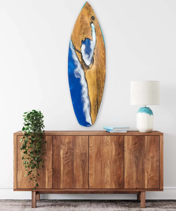 Treasure Cove Live Edge Olive Wood Art Surfboard, 57 inches mixed-media - Image 3