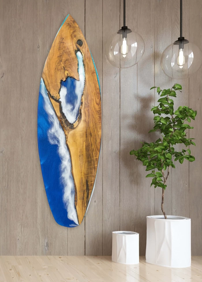 Treasure Cove Live Edge Olive Wood Art Surfboard, 57 inches mixed-media - Image 2