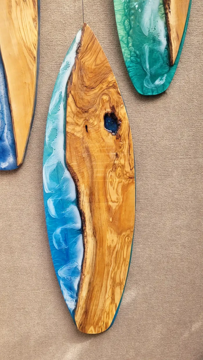 Azure Break Live Edge Olive Wood Art Surfboard, 45 inches mixed